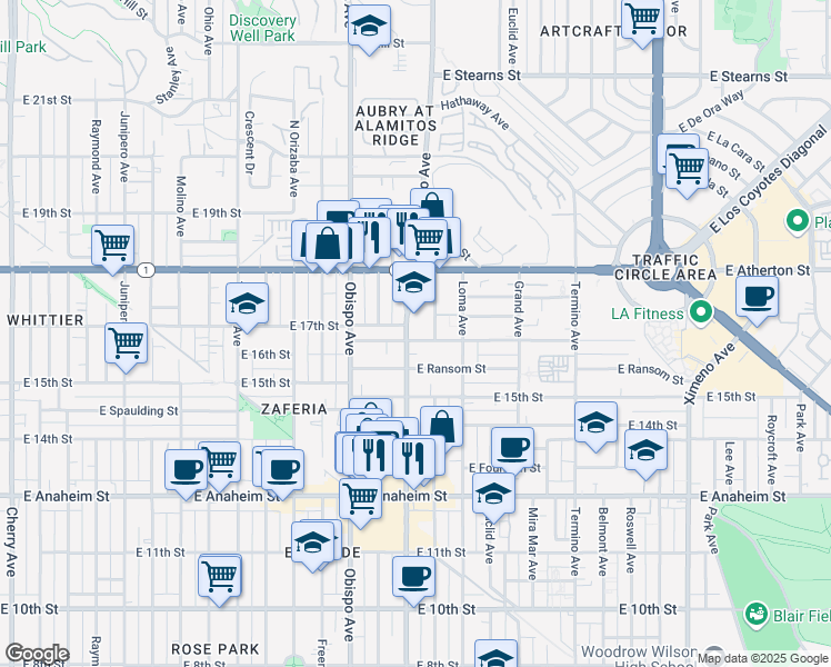 map of restaurants, bars, coffee shops, grocery stores, and more near 3401 East Wilton Street in Long Beach