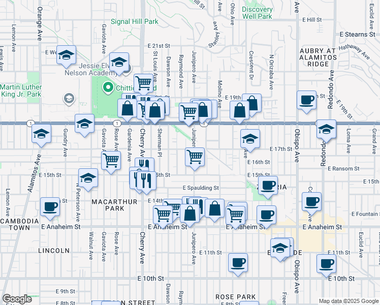 map of restaurants, bars, coffee shops, grocery stores, and more near 2332 East 17th Street in Long Beach