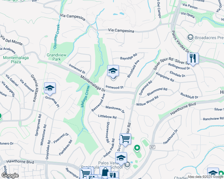 map of restaurants, bars, coffee shops, grocery stores, and more near 5508 Ironwood Street in Rancho Palos Verdes