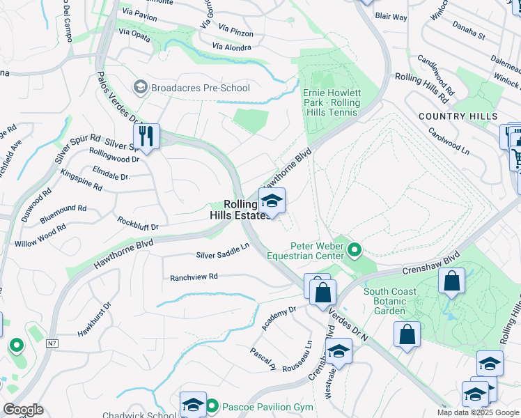 map of restaurants, bars, coffee shops, grocery stores, and more near 9 Moccasin Lane in Rolling Hills Estates