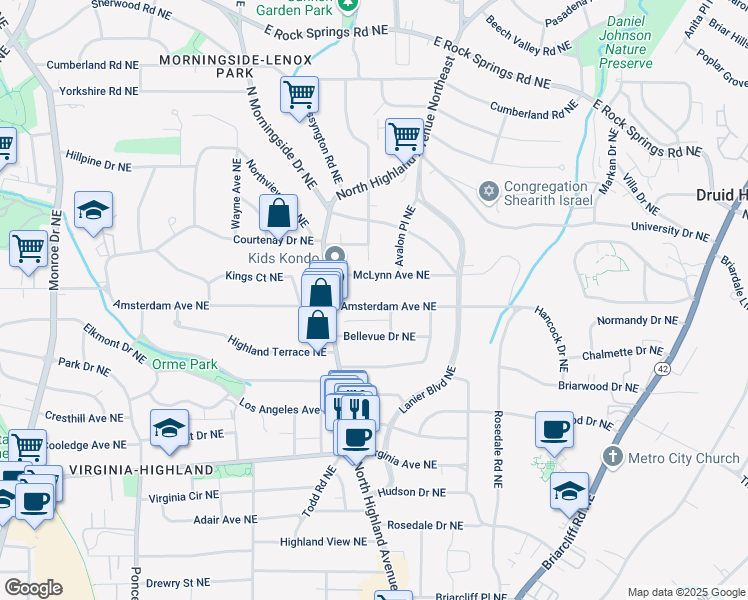 map of restaurants, bars, coffee shops, grocery stores, and more near 1028 Amsterdam Avenue Northeast in Atlanta