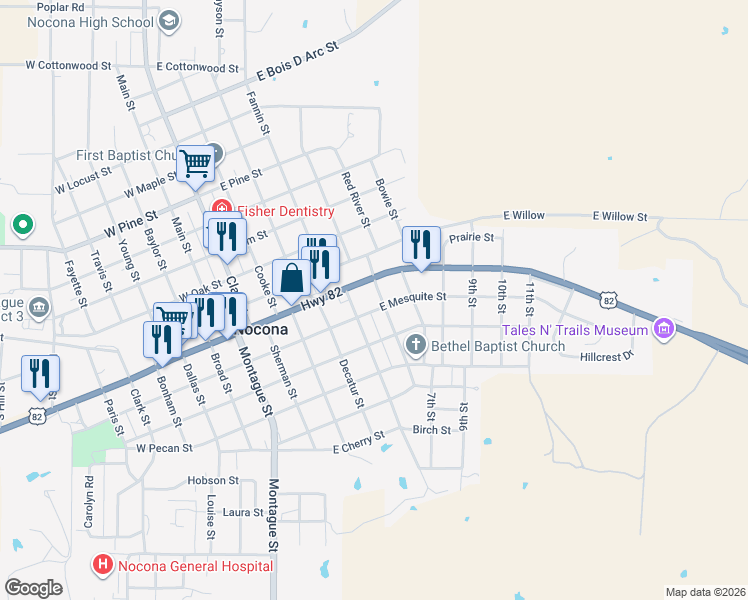 map of restaurants, bars, coffee shops, grocery stores, and more near 509 East Mesquite Street in Nocona