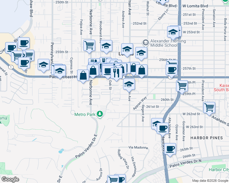 map of restaurants, bars, coffee shops, grocery stores, and more near 25900 Oak Street in Lomita