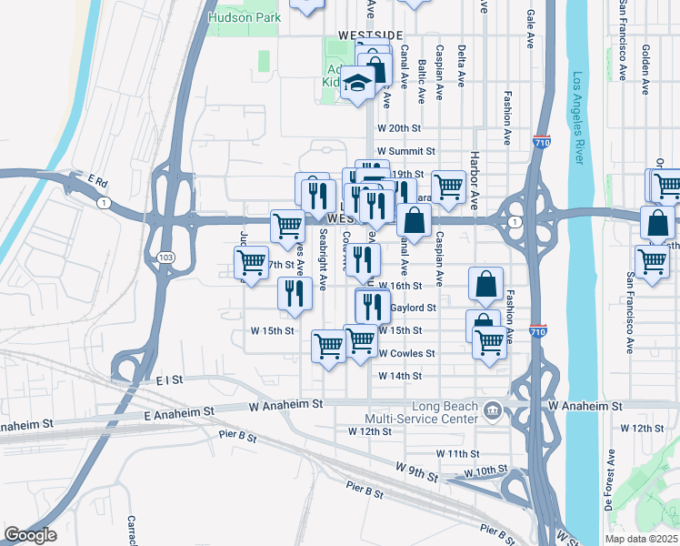 map of restaurants, bars, coffee shops, grocery stores, and more near 1737 West 16th Street in Long Beach