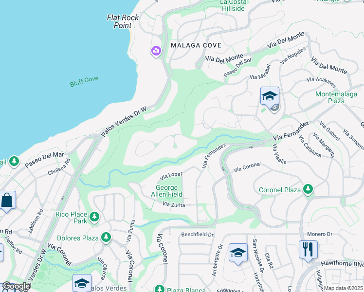 map of restaurants, bars, coffee shops, grocery stores, and more near 984 La Cresta Place in Palos Verdes Estates