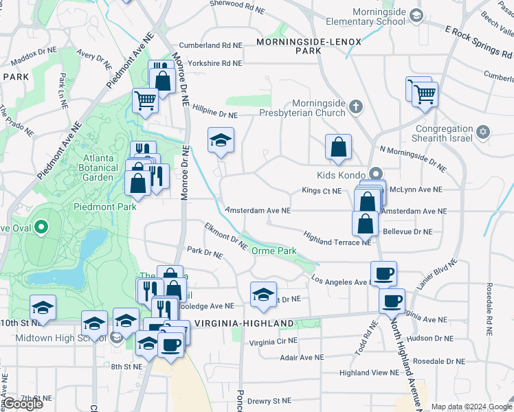 map of restaurants, bars, coffee shops, grocery stores, and more near 746 Amsterdam Avenue Northeast in Atlanta