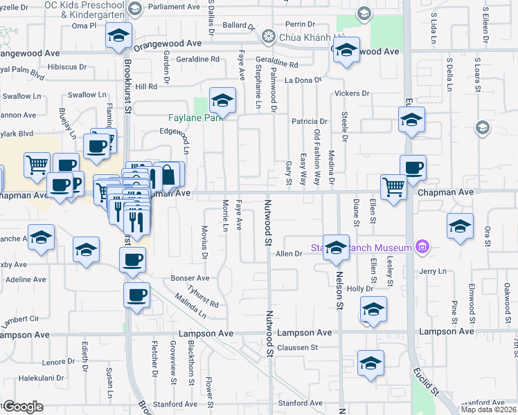 map of restaurants, bars, coffee shops, grocery stores, and more near 12061 Hackamore Road in Garden Grove