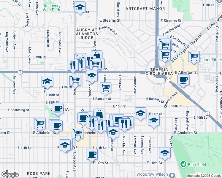 map of restaurants, bars, coffee shops, grocery stores, and more near 3702 East Wilton Street in Long Beach