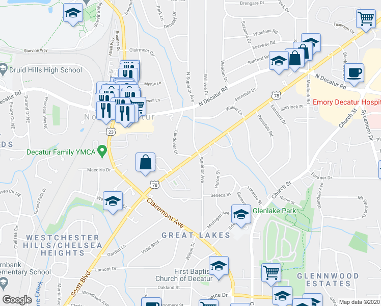map of restaurants, bars, coffee shops, grocery stores, and more near 1050 Scott Boulevard in Decatur