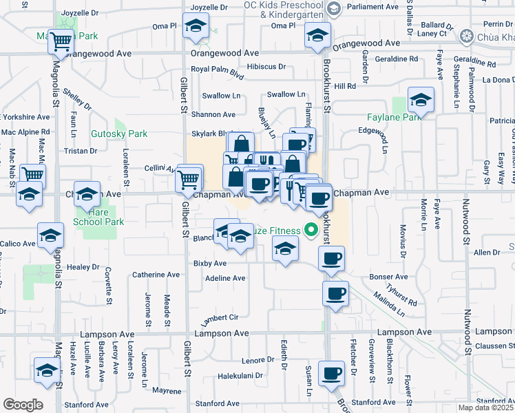 map of restaurants, bars, coffee shops, grocery stores, and more near 9758 Chapman Avenue in Garden Grove