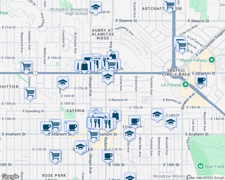 map of restaurants, bars, coffee shops, grocery stores, and more near 3441 East Wilton Street in Long Beach