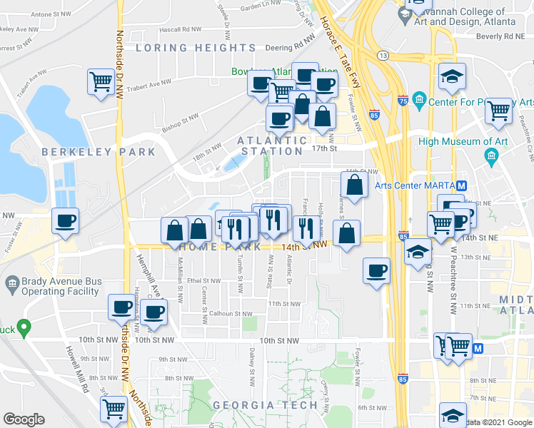 map of restaurants, bars, coffee shops, grocery stores, and more near 1220 State Street Northwest in Atlanta