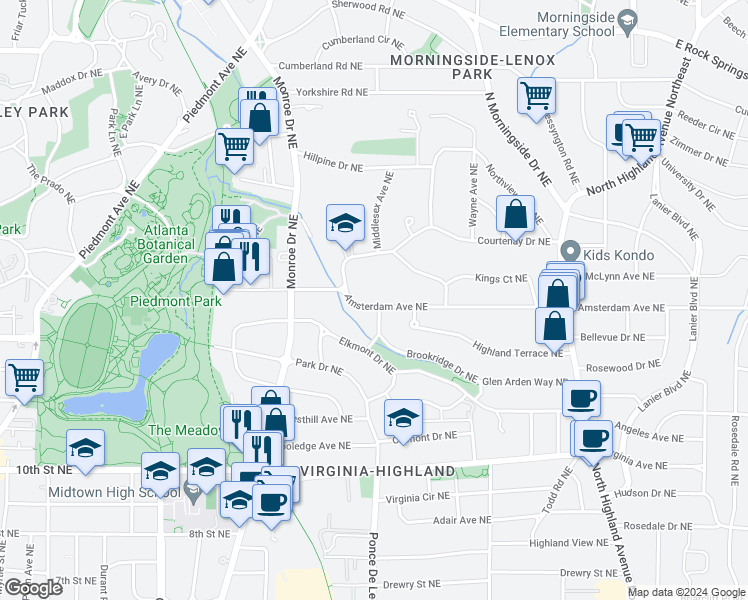 map of restaurants, bars, coffee shops, grocery stores, and more near 716 Amsterdam Avenue Northeast in Atlanta