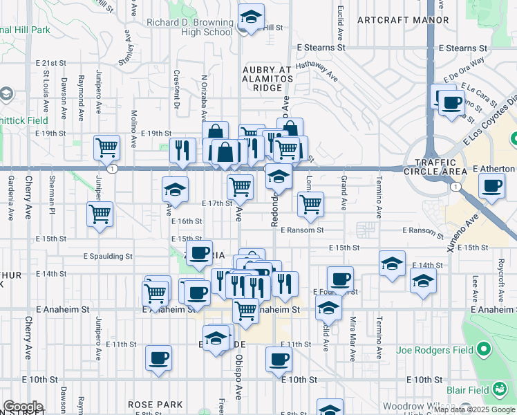 map of restaurants, bars, coffee shops, grocery stores, and more near 3301 East Wilton Street in Long Beach