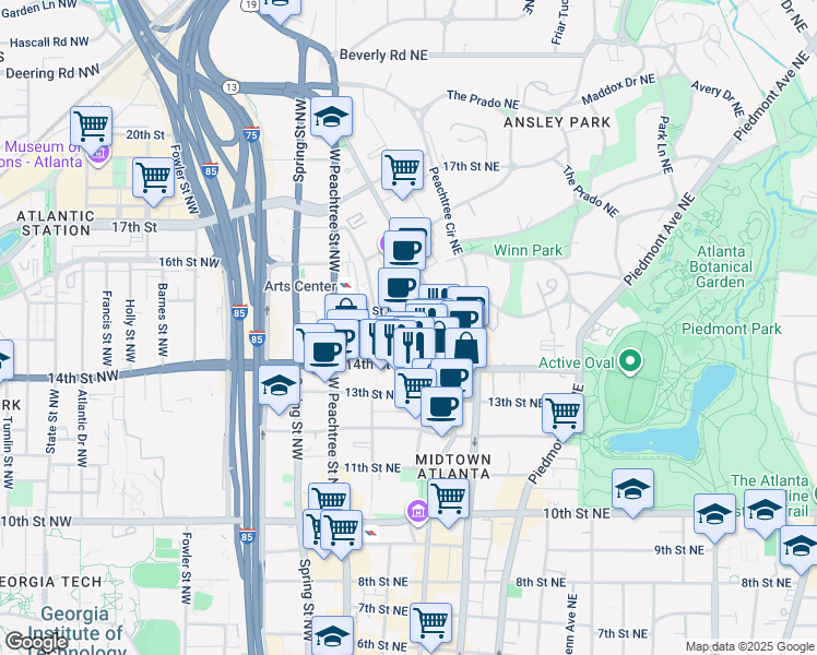 map of restaurants, bars, coffee shops, grocery stores, and more near 2475 Peachtree Street Northeast in Atlanta