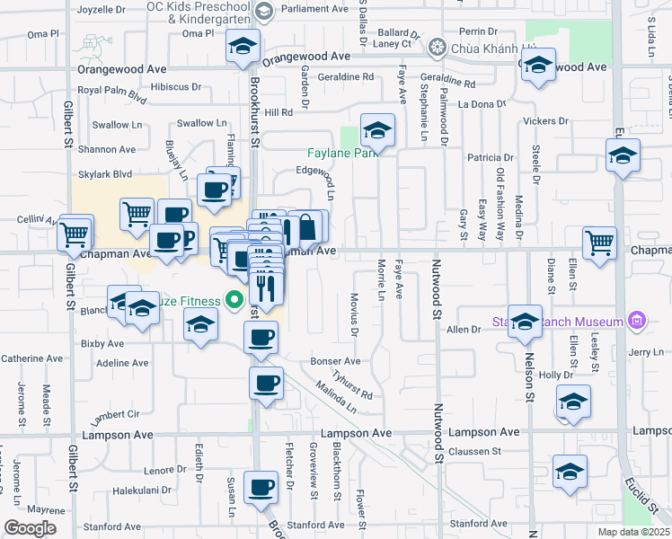 map of restaurants, bars, coffee shops, grocery stores, and more near 10200 Chapman Avenue in Garden Grove