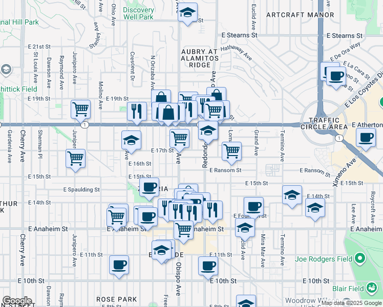 map of restaurants, bars, coffee shops, grocery stores, and more near 3245 East Wilton Street in Long Beach