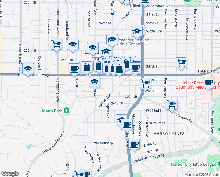 map of restaurants, bars, coffee shops, grocery stores, and more near 1909 259th Place in Lomita