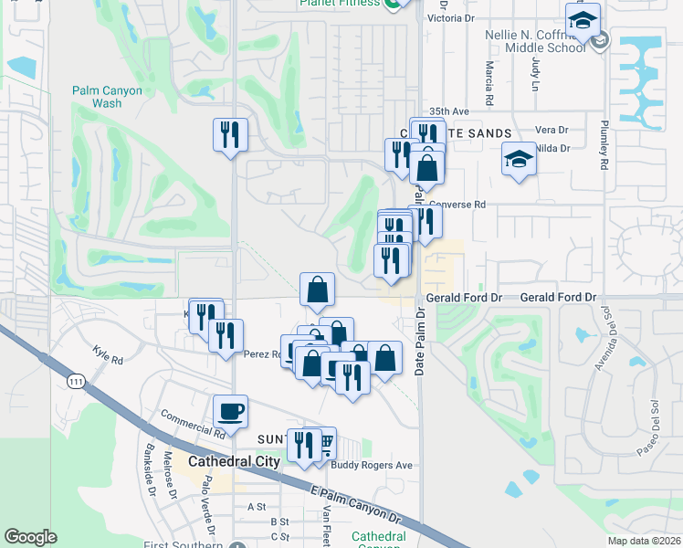 map of restaurants, bars, coffee shops, grocery stores, and more near 35888 Pso Circulo West in Cathedral City