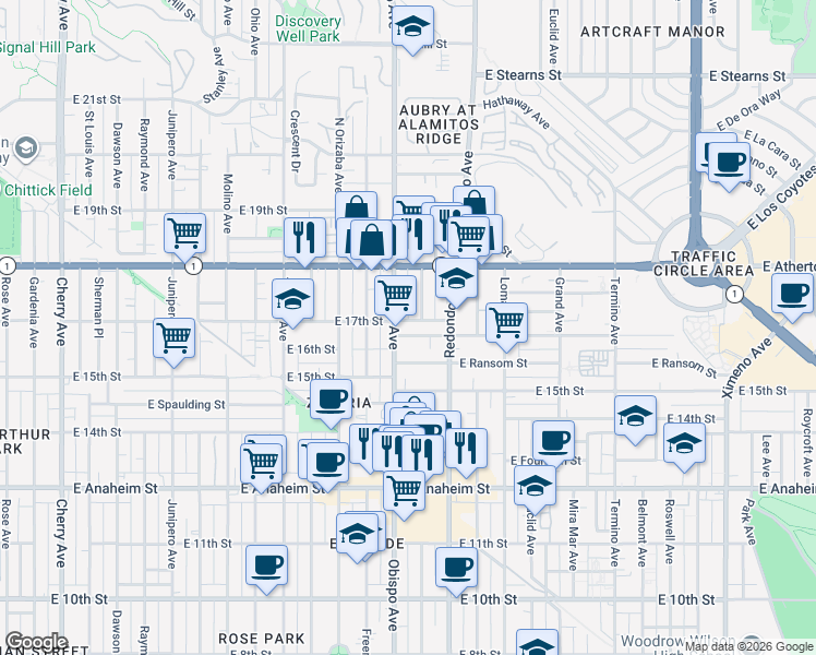 map of restaurants, bars, coffee shops, grocery stores, and more near 3221 East Wilton Street in Long Beach