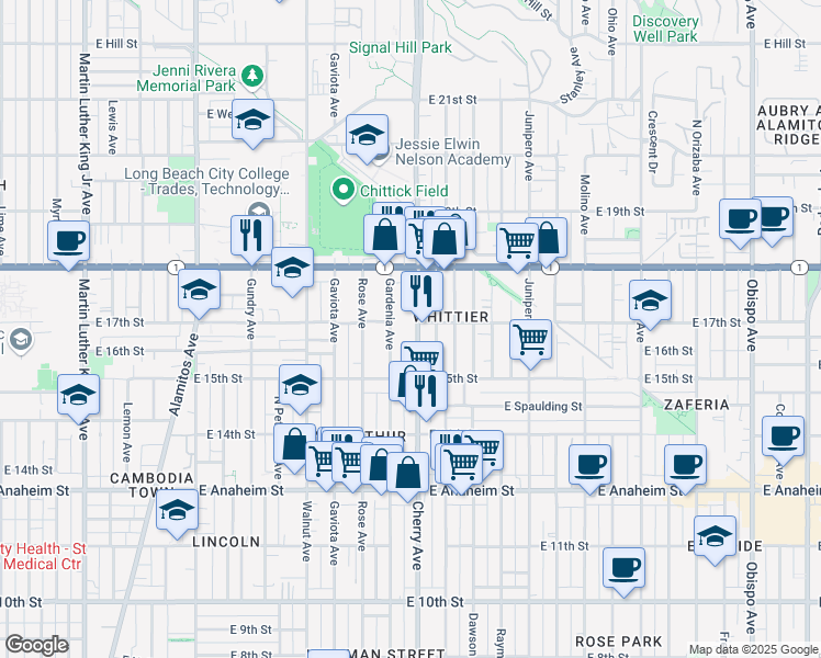 map of restaurants, bars, coffee shops, grocery stores, and more near 1629 Cherry Avenue in Long Beach