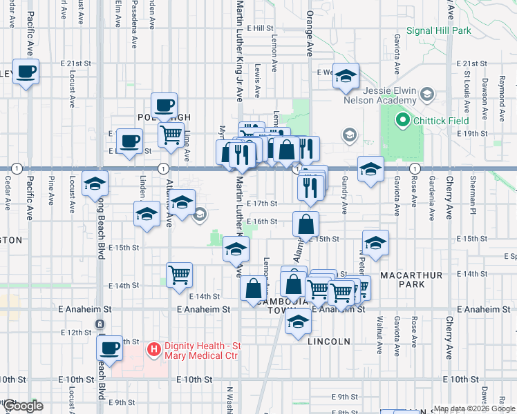 map of restaurants, bars, coffee shops, grocery stores, and more near 1044 East 17th Street in Long Beach