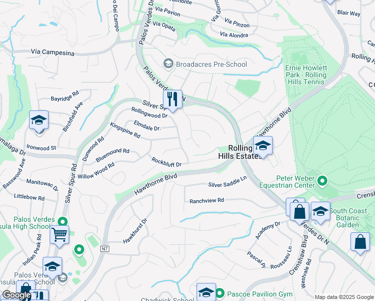 map of restaurants, bars, coffee shops, grocery stores, and more near 4731 Rockbluff Drive in Rolling Hills Estates
