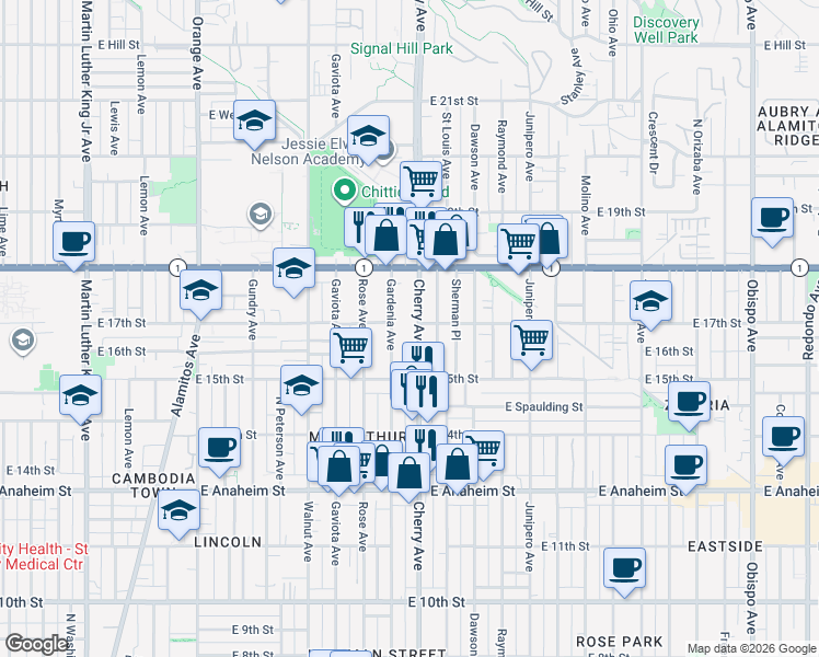 map of restaurants, bars, coffee shops, grocery stores, and more near 1629 Cherry Avenue in Long Beach