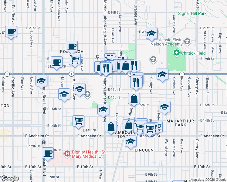 map of restaurants, bars, coffee shops, grocery stores, and more near 1044 East 17th Street in Long Beach