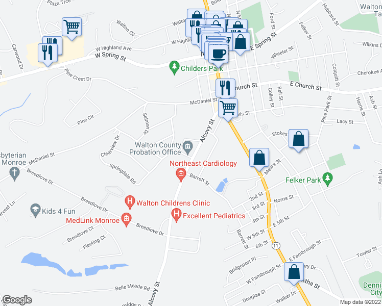 map of restaurants, bars, coffee shops, grocery stores, and more near 229 Alcovy Street in Monroe