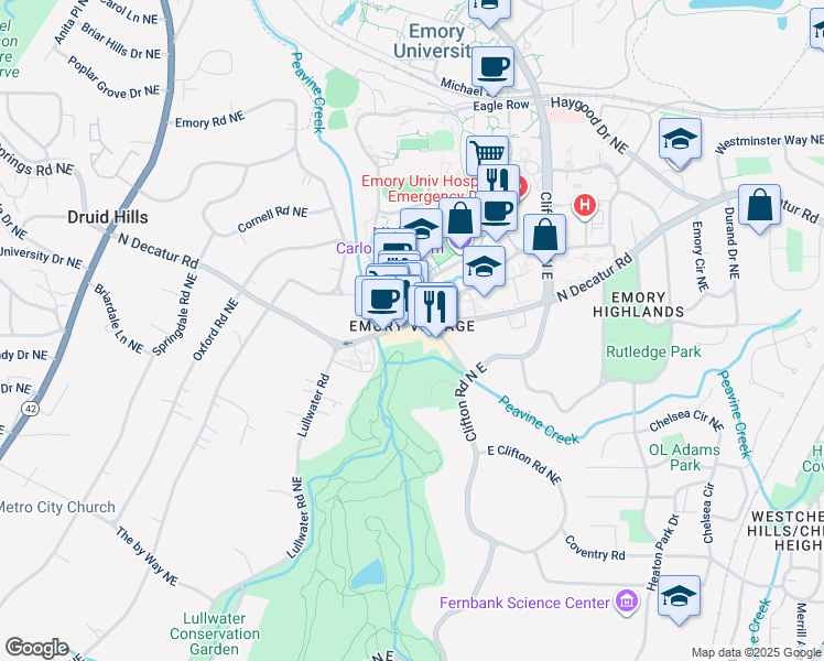 map of restaurants, bars, coffee shops, grocery stores, and more near 1439 Oxford Road Northeast in Atlanta