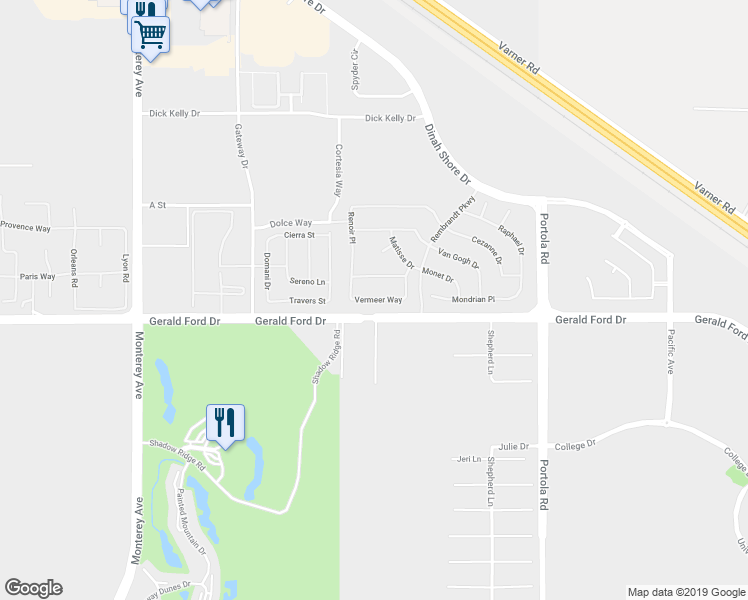 map of restaurants, bars, coffee shops, grocery stores, and more near 73615 Vermeer Way in Palm Desert