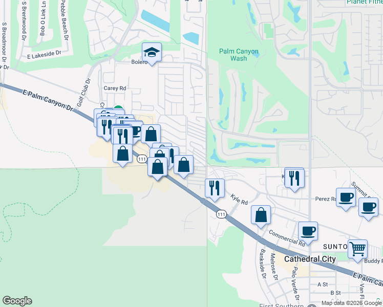 map of restaurants, bars, coffee shops, grocery stores, and more near 3 Mckinley Street in Cathedral City