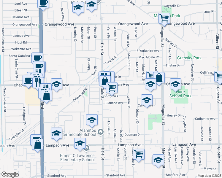 map of restaurants, bars, coffee shops, grocery stores, and more near 8581 Amy Avenue in Garden Grove