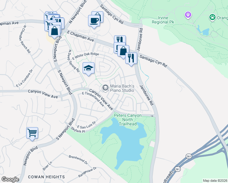 map of restaurants, bars, coffee shops, grocery stores, and more near 8235 East Woodwind Avenue in Orange