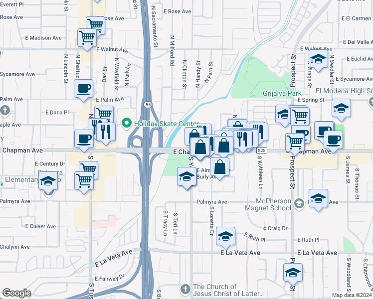 map of restaurants, bars, coffee shops, grocery stores, and more near in Orange