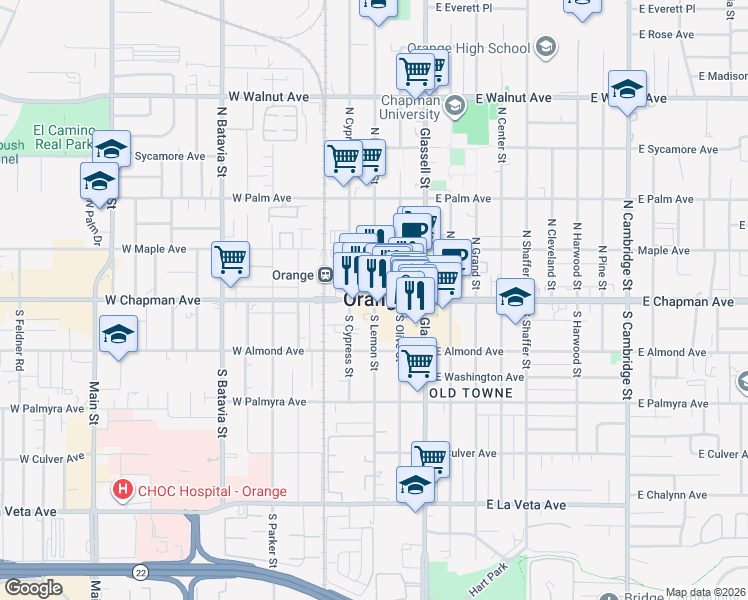 map of restaurants, bars, coffee shops, grocery stores, and more near in Orange