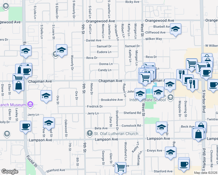 map of restaurants, bars, coffee shops, grocery stores, and more near 12081 Jennifer Lane in Garden Grove