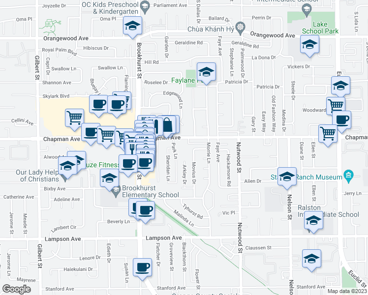 map of restaurants, bars, coffee shops, grocery stores, and more near 12061 Movius Drive in Garden Grove