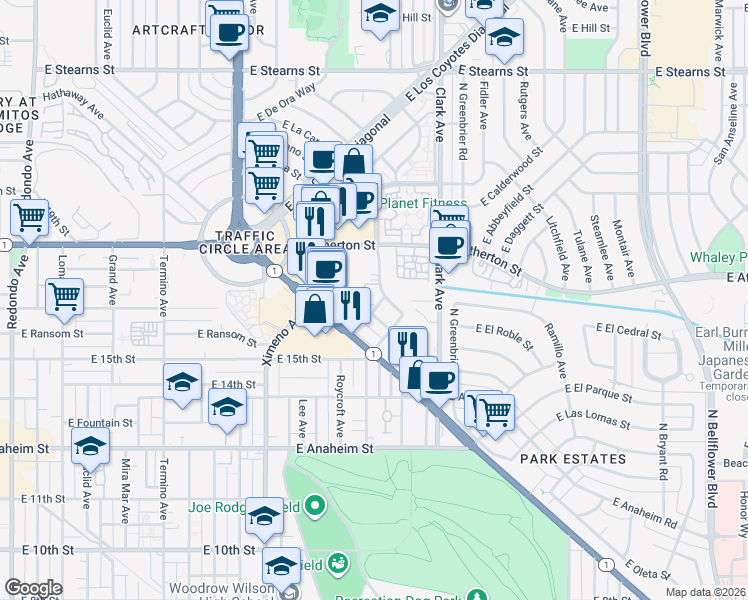 map of restaurants, bars, coffee shops, grocery stores, and more near 1611 Gish Avenue in Long Beach