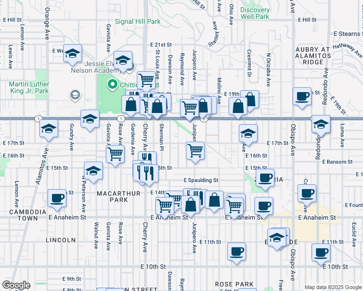 map of restaurants, bars, coffee shops, grocery stores, and more near 1625 Junipero Avenue in Long Beach