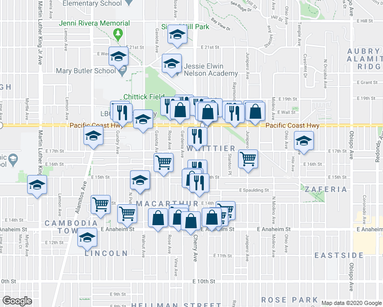 map of restaurants, bars, coffee shops, grocery stores, and more near 1612 Gardenia Avenue in Long Beach
