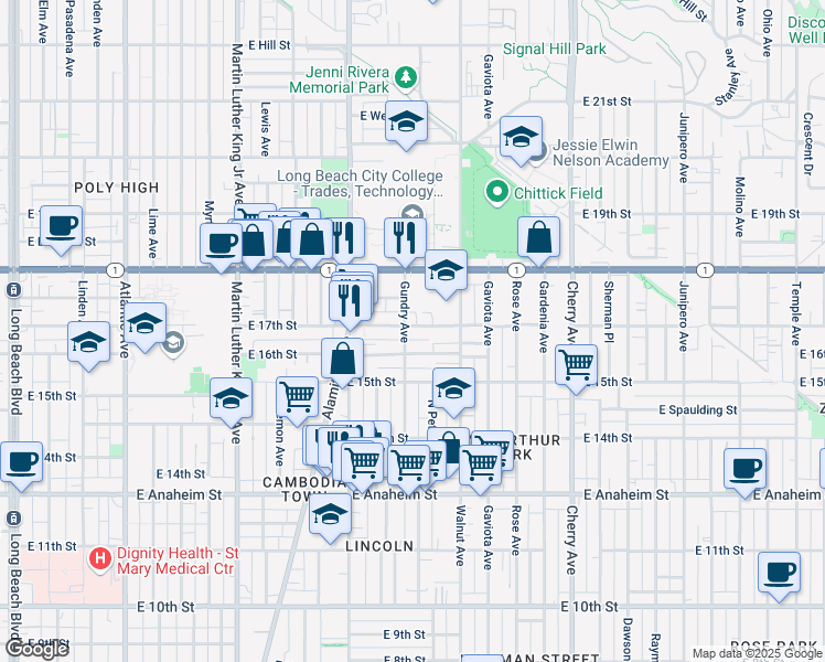 map of restaurants, bars, coffee shops, grocery stores, and more near 1609 Gundry Avenue in Long Beach
