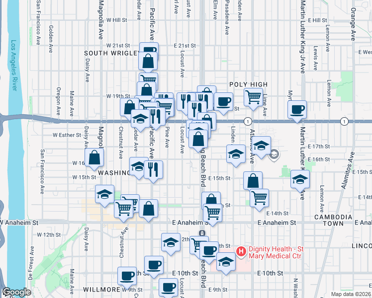 map of restaurants, bars, coffee shops, grocery stores, and more near 1604 Locust Avenue in Long Beach