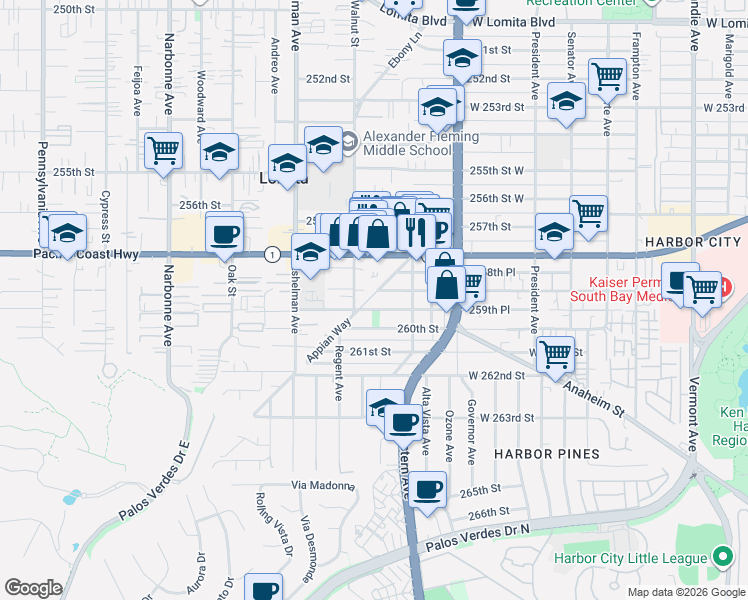 map of restaurants, bars, coffee shops, grocery stores, and more near 1836-1850 259th Place in Lomita