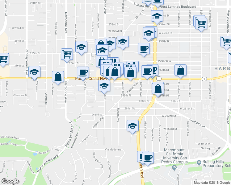 map of restaurants, bars, coffee shops, grocery stores, and more near 1913 259th Place in Lomita