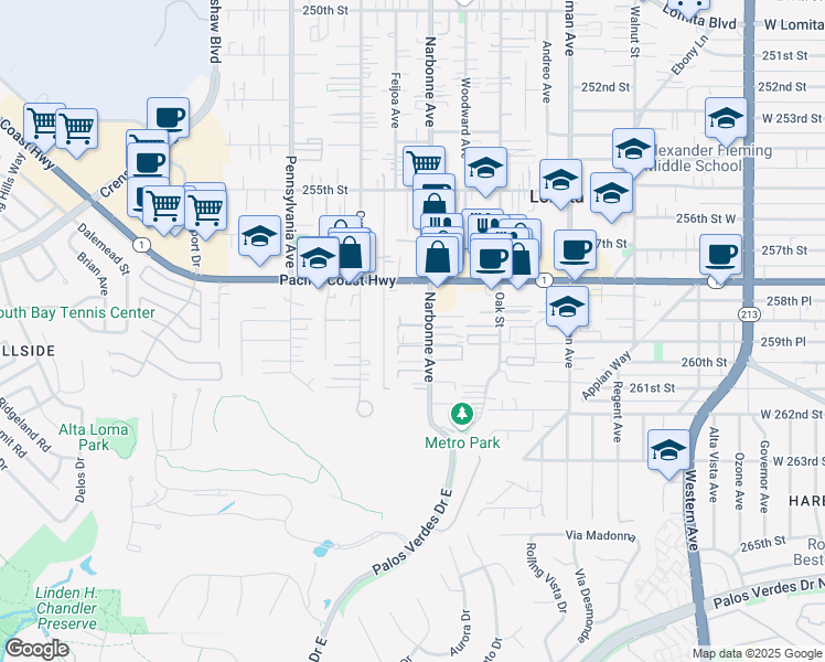 map of restaurants, bars, coffee shops, grocery stores, and more near 25917 Narbonne Avenue in Lomita