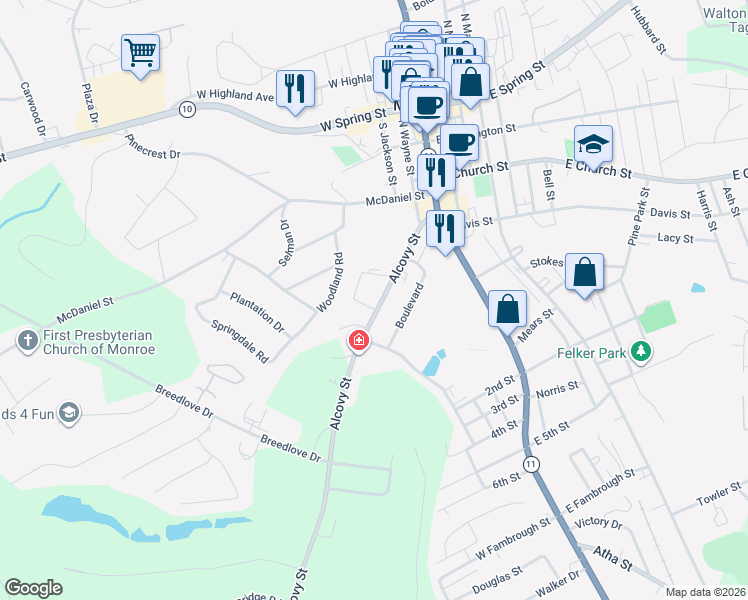 map of restaurants, bars, coffee shops, grocery stores, and more near 229 Alcovy Street in Monroe