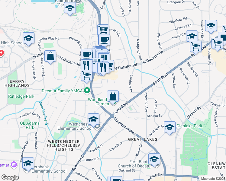 map of restaurants, bars, coffee shops, grocery stores, and more near 1111 Clairemont Avenue in Decatur