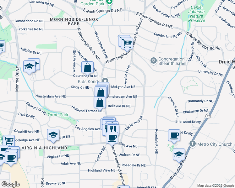 map of restaurants, bars, coffee shops, grocery stores, and more near 1028 Amsterdam Avenue Northeast in Atlanta